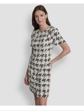 DKNY NWT Plus Size 18W Black White Houndstooth Tweed Shift Dress